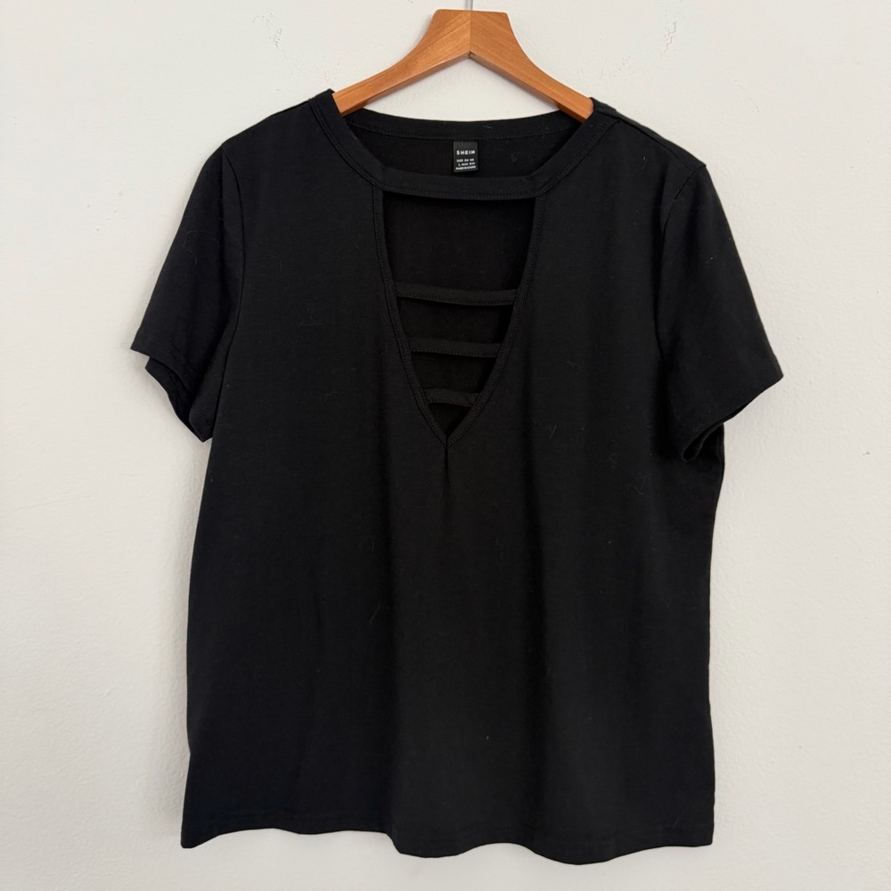 SHEIN Black Caged Deep V Neck Tee Women’s Size Large Stretchy Casual Top